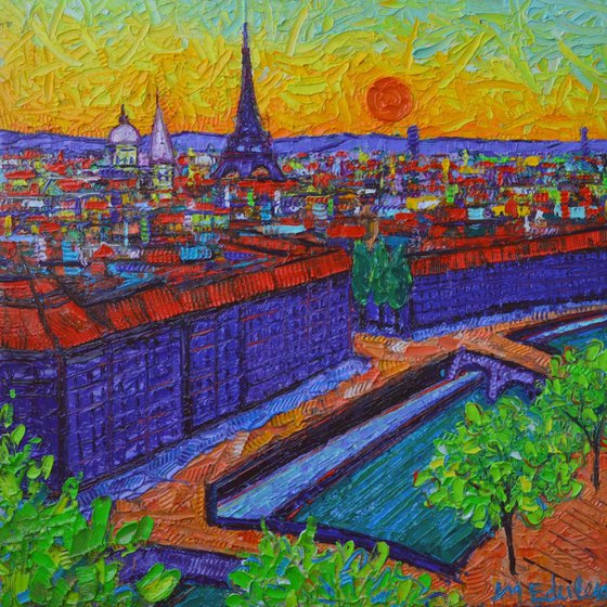 VIBRANT PARIS AT DUSK view from Notre Dame tower contemporary impressionism abstract cityscape impasto palette knife oil painting