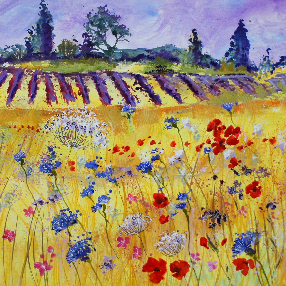 Impressionistic Landscape Acrylic Painting By Julia Rigby, 13 X 13", Poppies And Lavender, Original Artwork