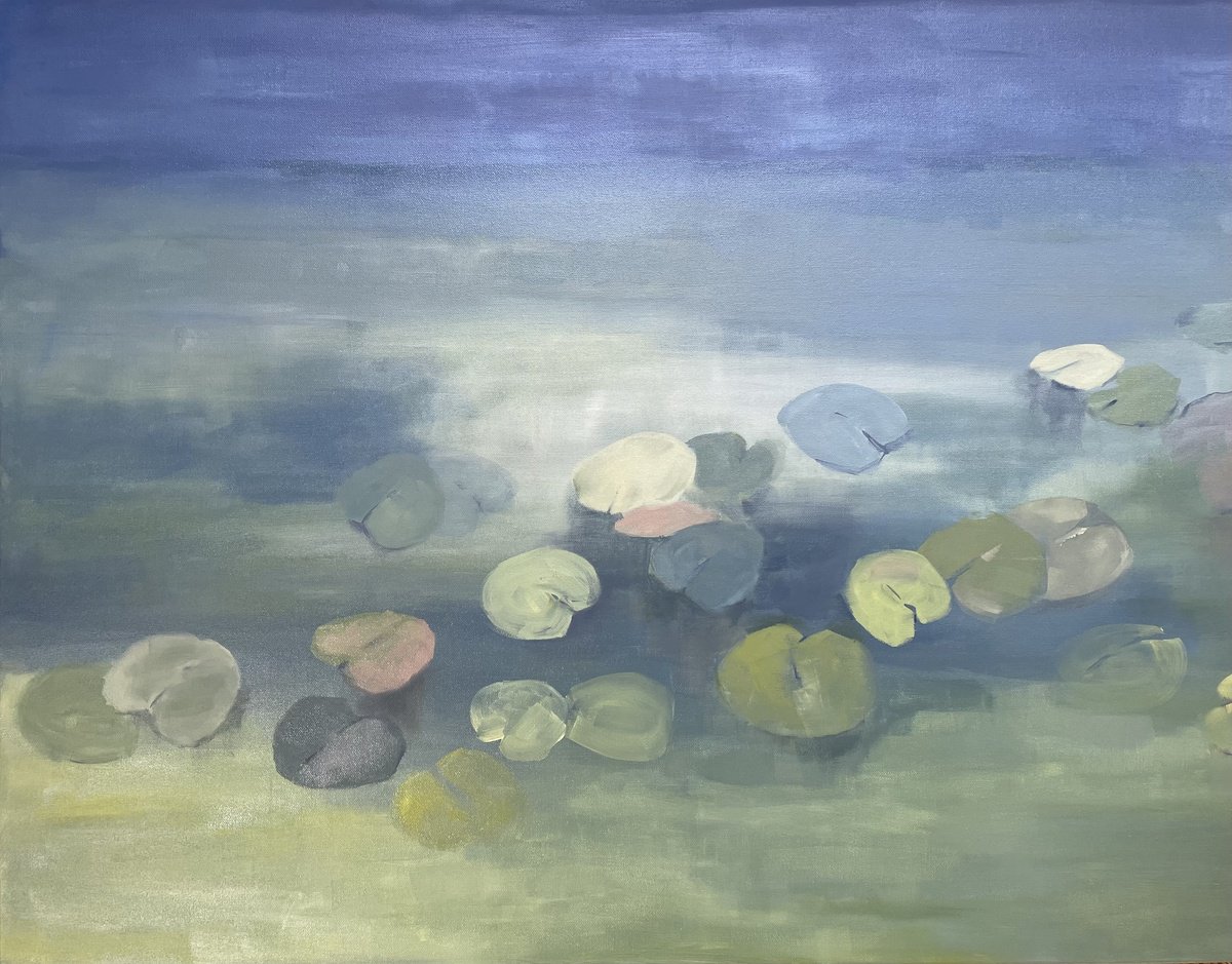 Impressionistic Landscape Oil Painting By Lizzie Butler, 36 X 28", Waterlilies, Original Artwork