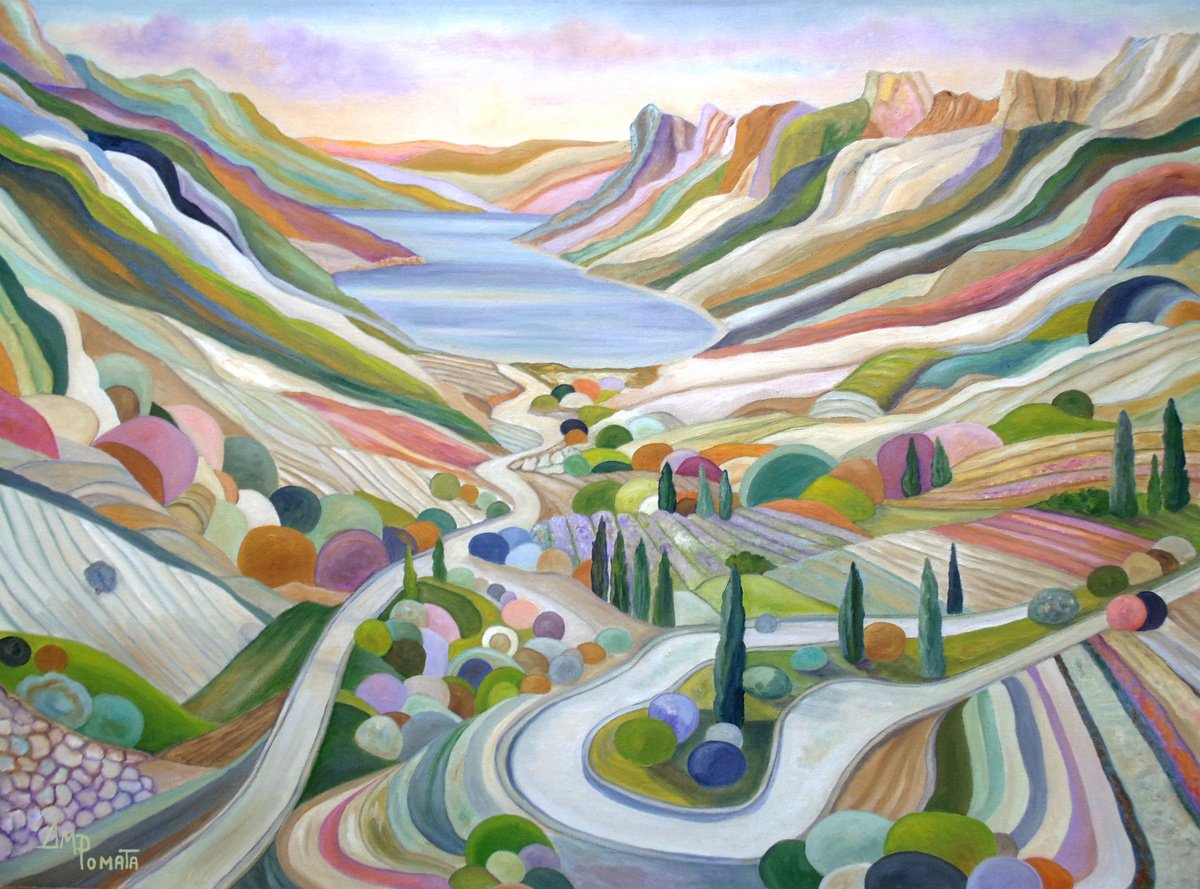 Naive Landscape Oil Painting By Angeles M. Pomata, 32 X 24, Treasure The Quiet, Original Artwork