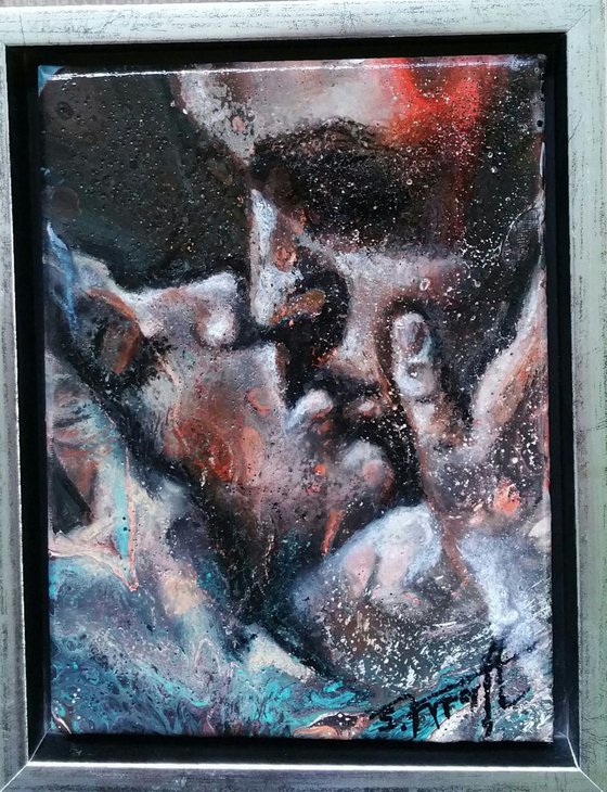 "Kiss " Original mixed media  painting on canvas 22x28x,4cm.ready to hang,framed