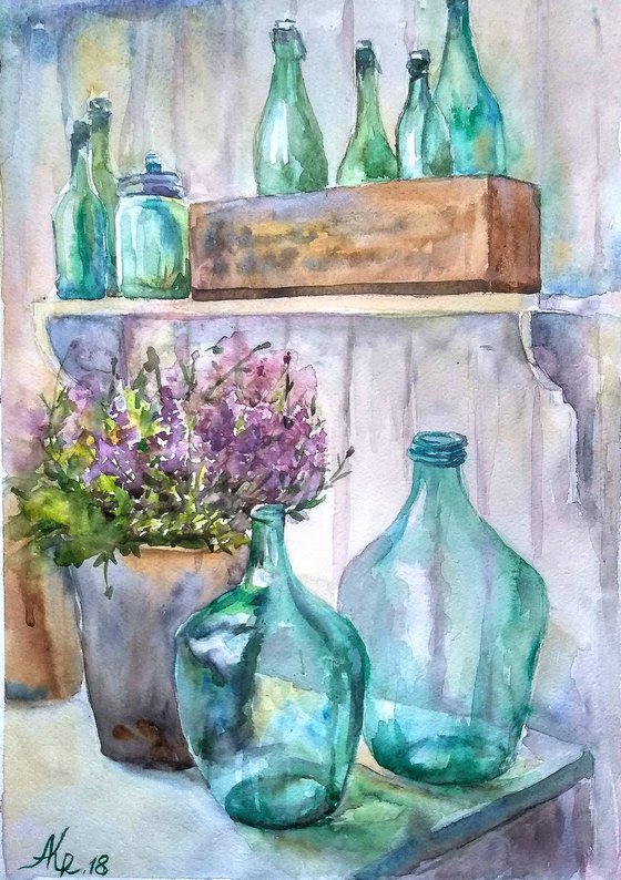 Green bottles still life, 30x40 cm.