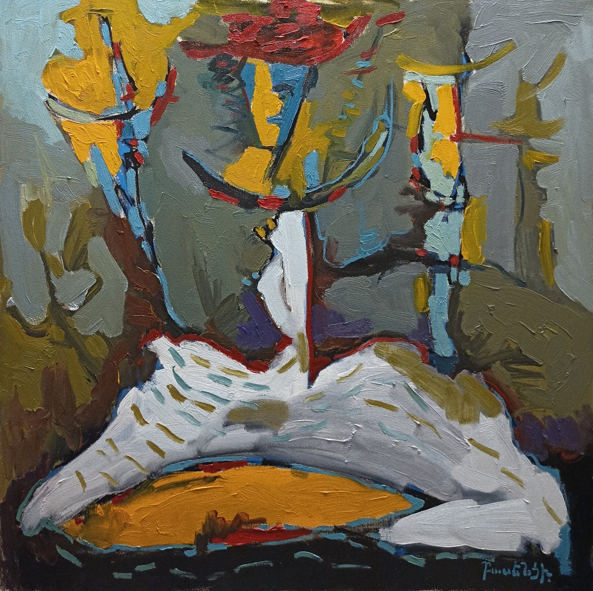 Abstract Landscape Oil Painting By Artyom Basenci, 28 X 28, Fisherwoman Wife (70X70Cm, Oil Painting, Ready To Hang), Artfinder