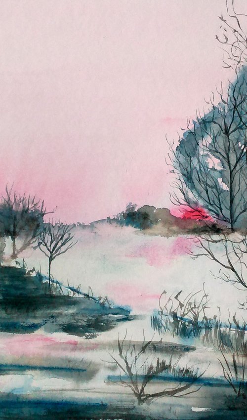 Sunrise original watercolor painting by Halyna Kirichenko