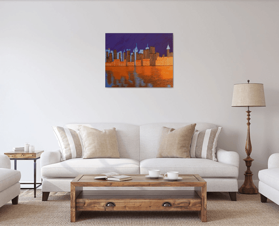 Midnight on the Hudson - New York cityscape on Hudson river evening reflections; home, office decor; gift idea