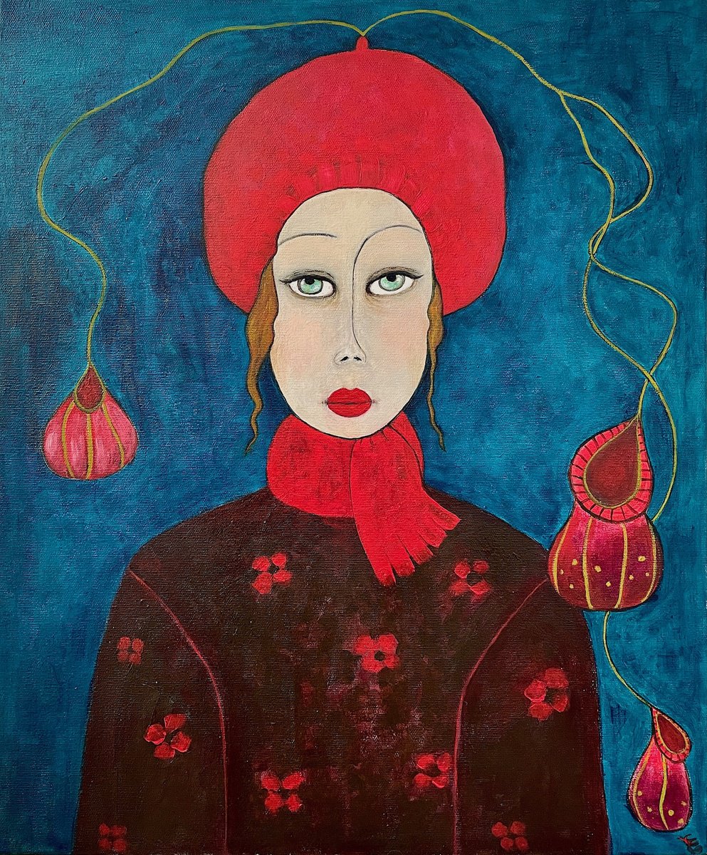 Surrealistic Acrylic Painting , The Lady With A Strawberry Beanie By Eleanor Gabriel, 18 X 22, Artwork For Sale On Artfinder