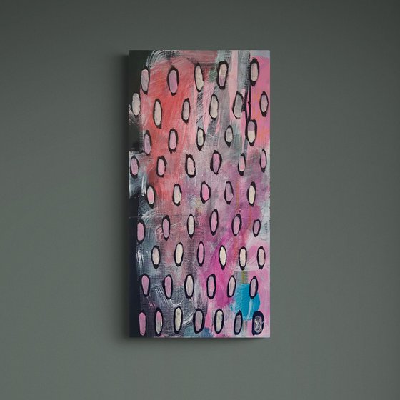 DAILY DOSE- a vertical painting, pink, black and white, circles, modern