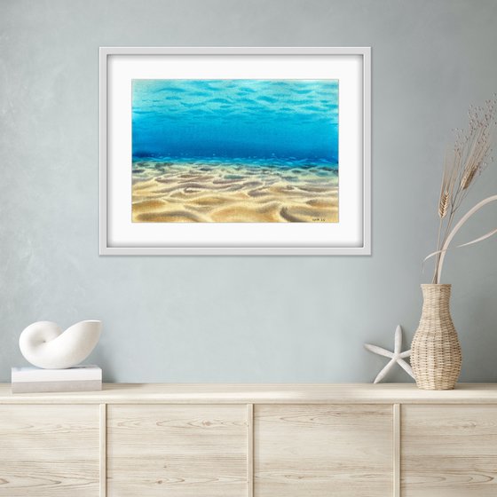 Reflection of the sun and waves on the sandy seabed. Bright summer watercolor. Original artwork.