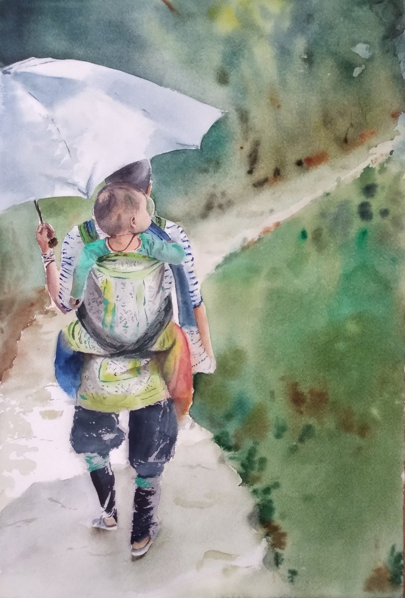 Impressionistic Portrait Watercolour By Ana Tyulpanova, 15 X 22, Trekking In Sa Pa, Original Artwork