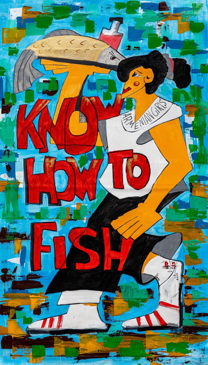 Urban And Pop Portrait Painting By Gurgen Arutunyan, 33 X 58, Armenian Girls Know Ho To Fish, Original Artwork