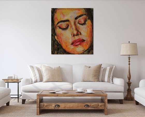 SUMMER NIGHT DREAM - Female portrait, original oil painting, large size, face, look, eyes, tender, love, interior