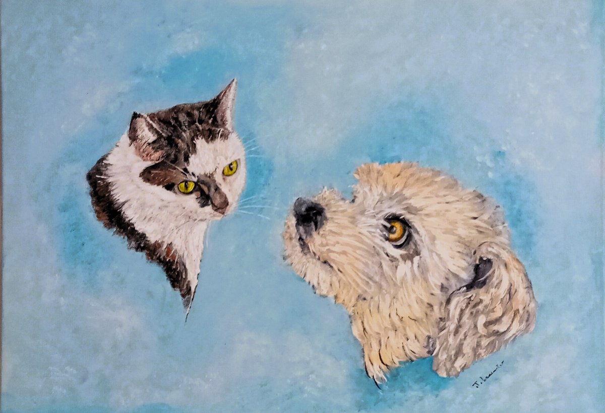 Impressionistic Animal Acrylic Painting By James Lancaster, 30 X 20, Whiskers And Wags, Original Artwork