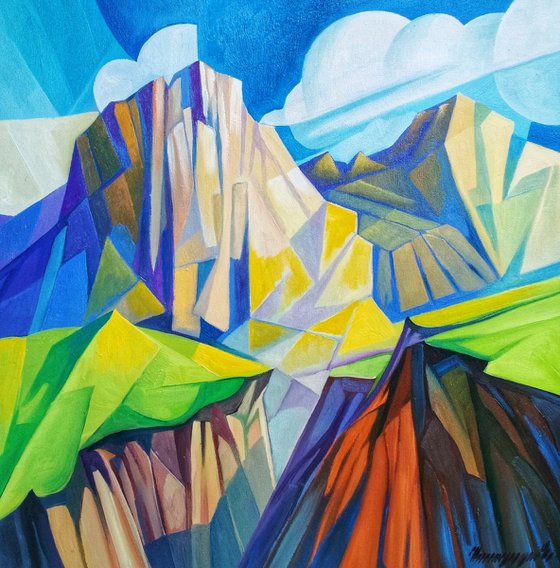 Cubism - Mountains - 1 (60x60cm, cubism, oil painting, ready to hang)