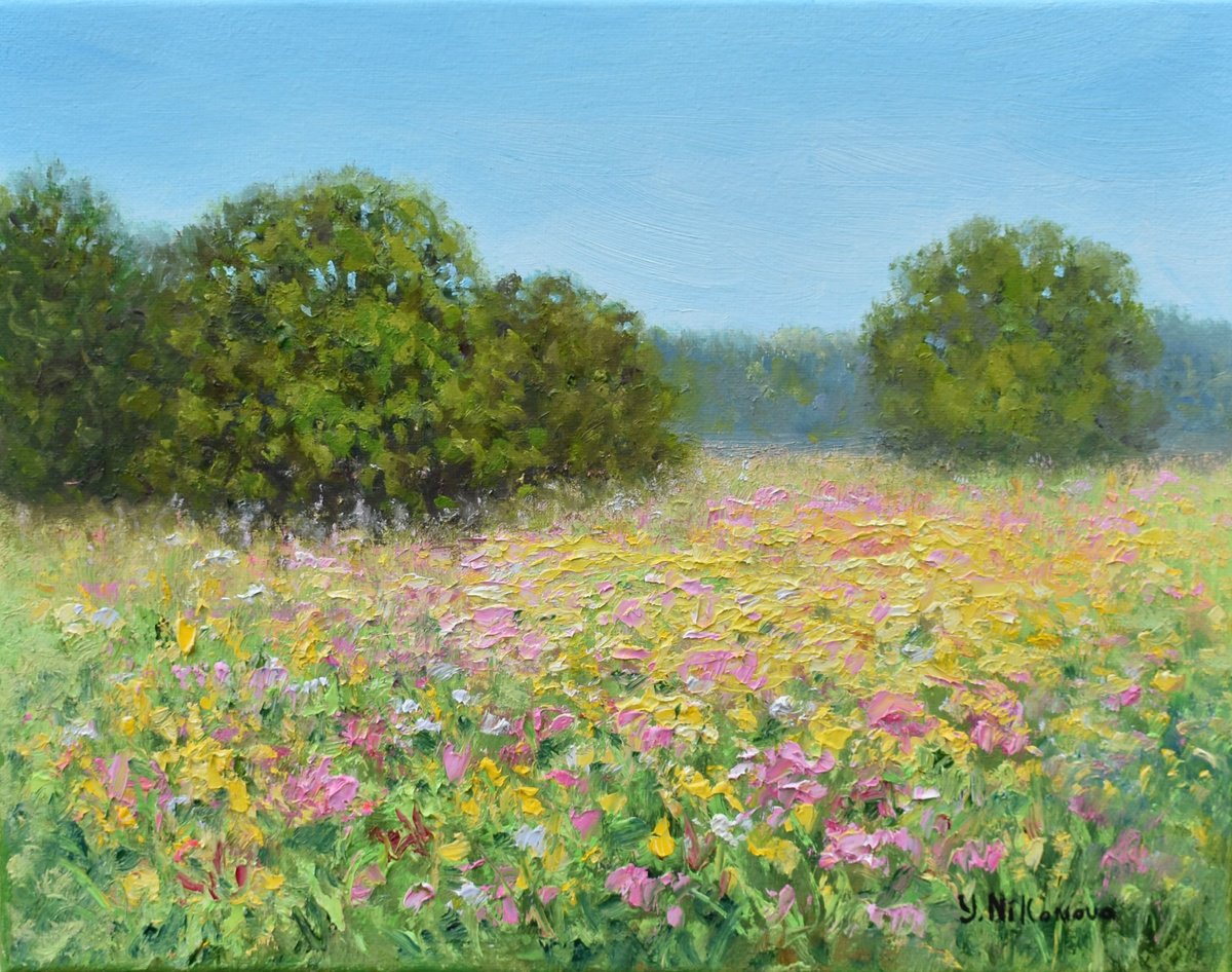 Impressionistic Landscape Oil Painting By Yulia Nikonova, 14 X 11", July Meadow, Original Artwork