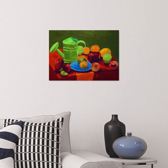 Still life with apples and watering pot