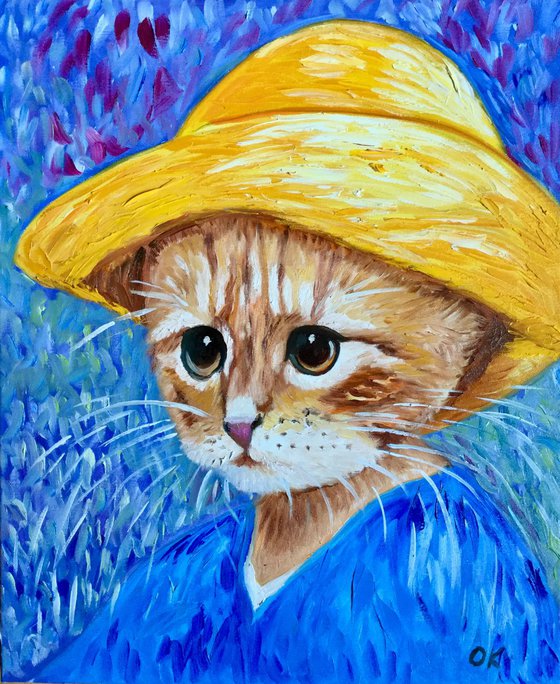 Cat La Van Gogh in a straw hat modern oil painting feline art Van Gogh influence art for animal lovers