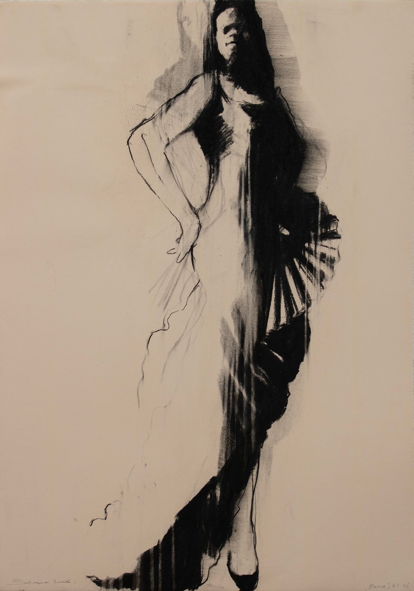 Expressive Portrait Charcoal Drawing By Zil Hoque, 25 X 36", Iberica 1 #1 (Study), Original Artwork