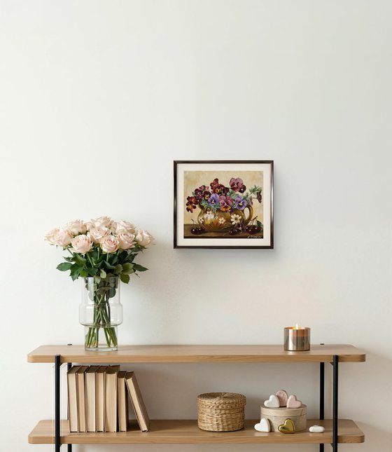 Pansies in Rustic Jug with Cherries