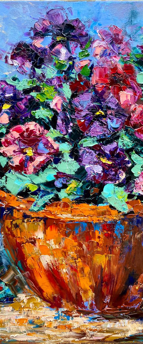 Country Life, 50*60, impressionistic oil still life garden flowers painting with impasto texture by Olga Blazhko