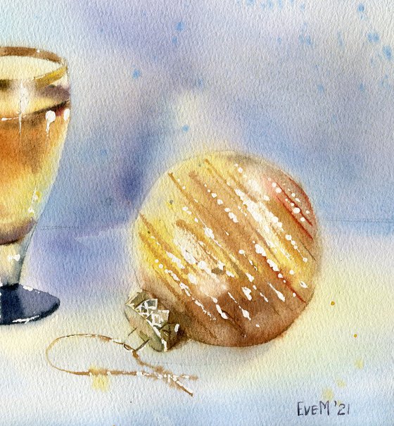 Festive still life with Christmas balls and a shot glass. Original watercolor artwork.