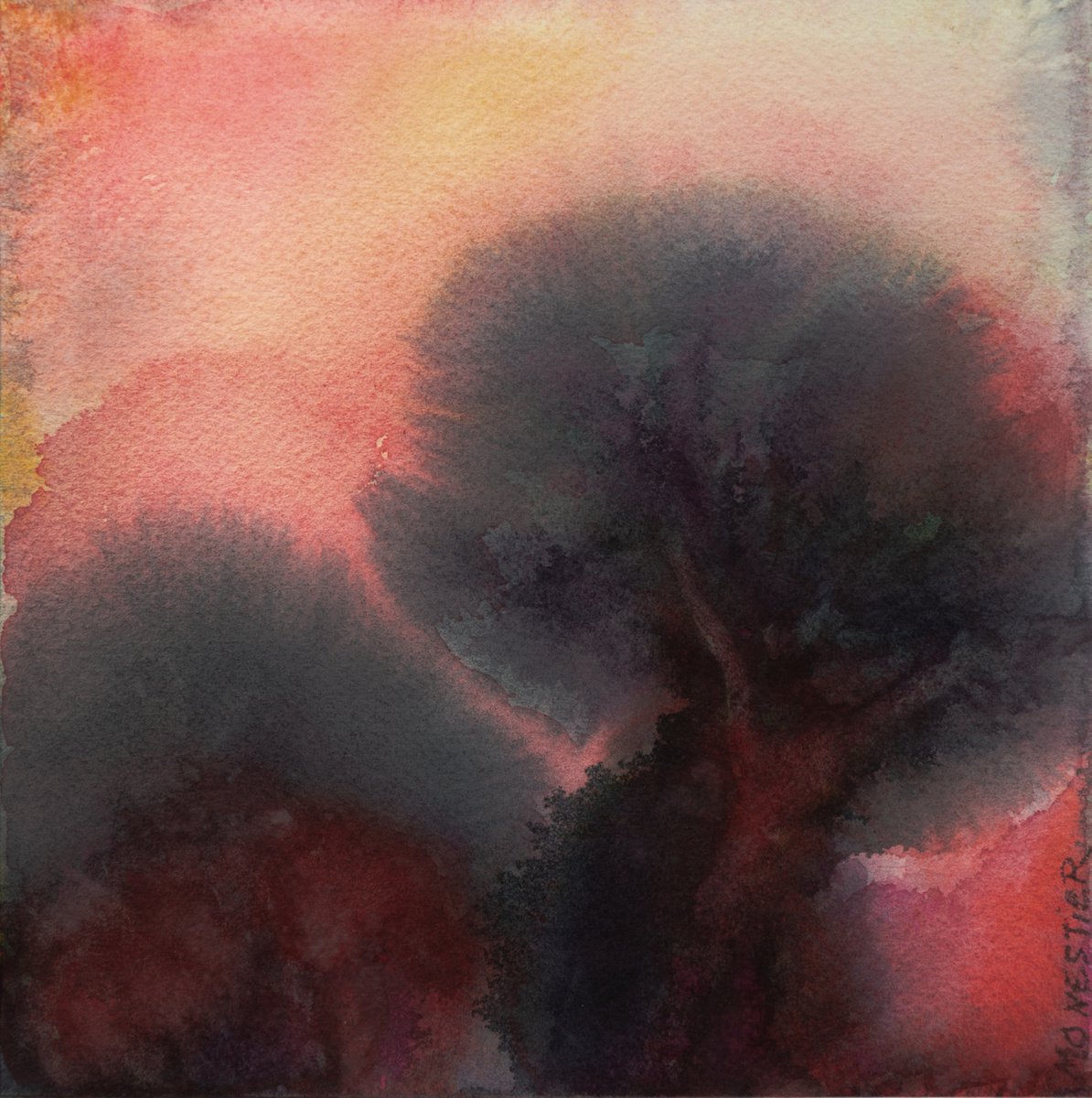 Impressionistic Watercolour , The Tree In The Dusk By Fabienne Monestier, 7 X 7, Artwork For Sale On Artfinder