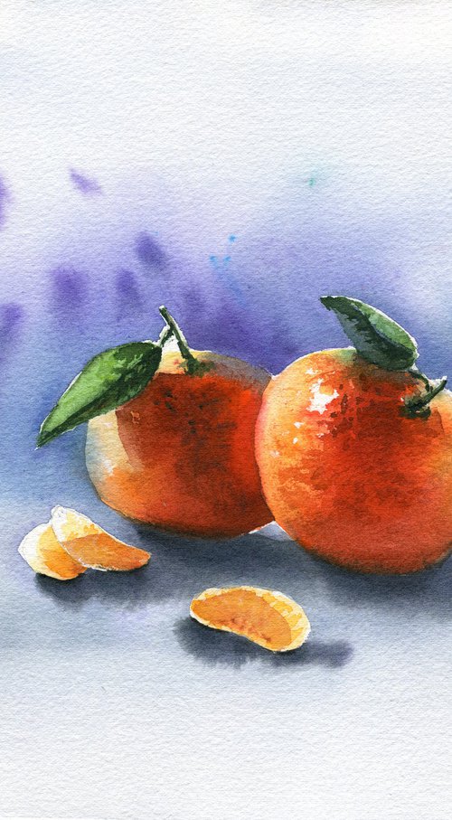 Tangerines original  watercolor painting, orange , still life, gift, medium size by Irina Povaliaeva