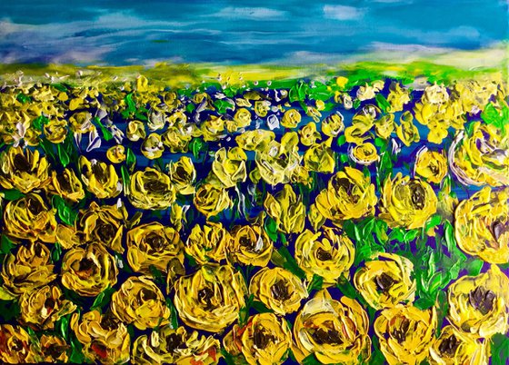 FIELD OF YELLOW  ROSES  palette knife modern YELLOW  TURQUOISE,  MEADOW OF FlOWERS, LANDSCAPE,  office home decor gift