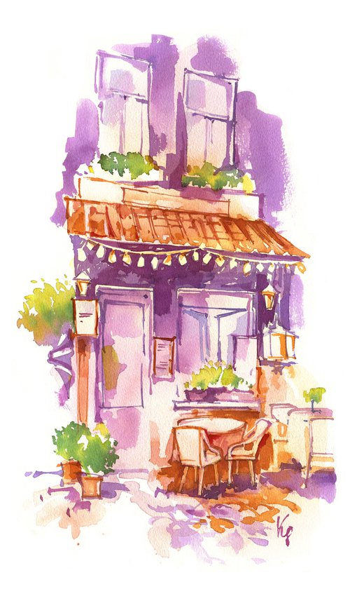 Urban romantic landscape "Summer cafe in the old town" original watercolor painting by Ksenia Selianko