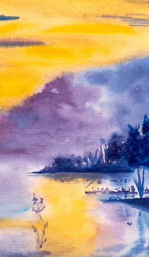 waterscape original watercolor artwork riverscape seascape sunrise" Melting sunrise" by Halyna Kirichenko