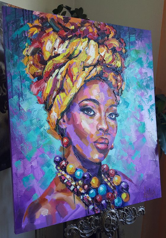 Portrait Multicolored Beads, painting african woman