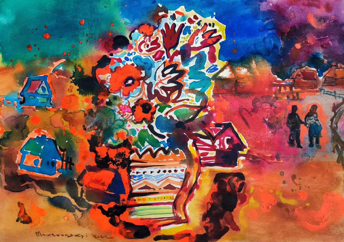 Impressionistic Botanical Watercolour By Pavlo Makedonskyi, 16 X 12", Burnt Flowers Bloom Again, Original Artwork