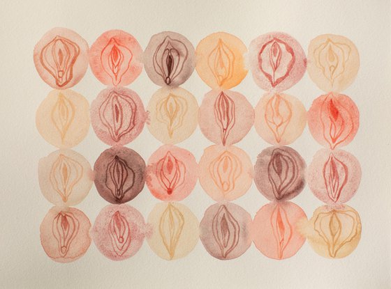 Feministic watercolor illustration with different vulvas