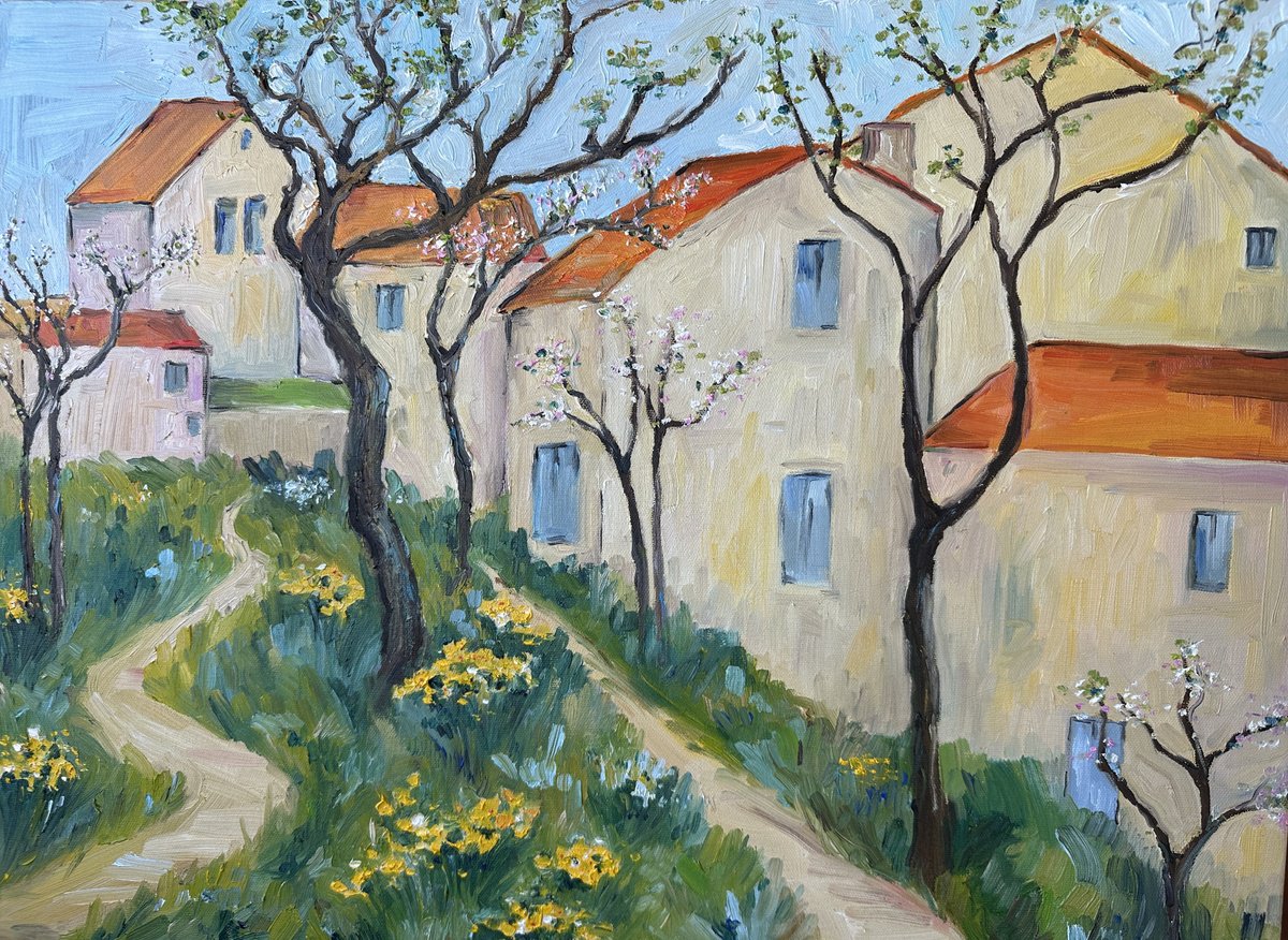 Impressionistic Landscape Oil Painting By Irina Anis, 24 X 18, Soft Walk Down The Street, Original Artwork