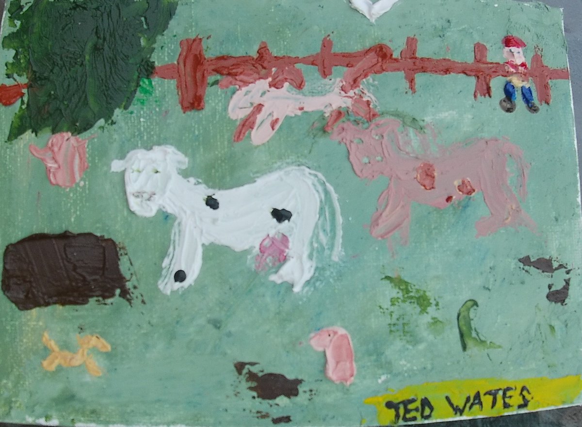 Naive Animal Oil Painting By Ted Wates, 7 X 5", Cows In The Field, Original Artwork