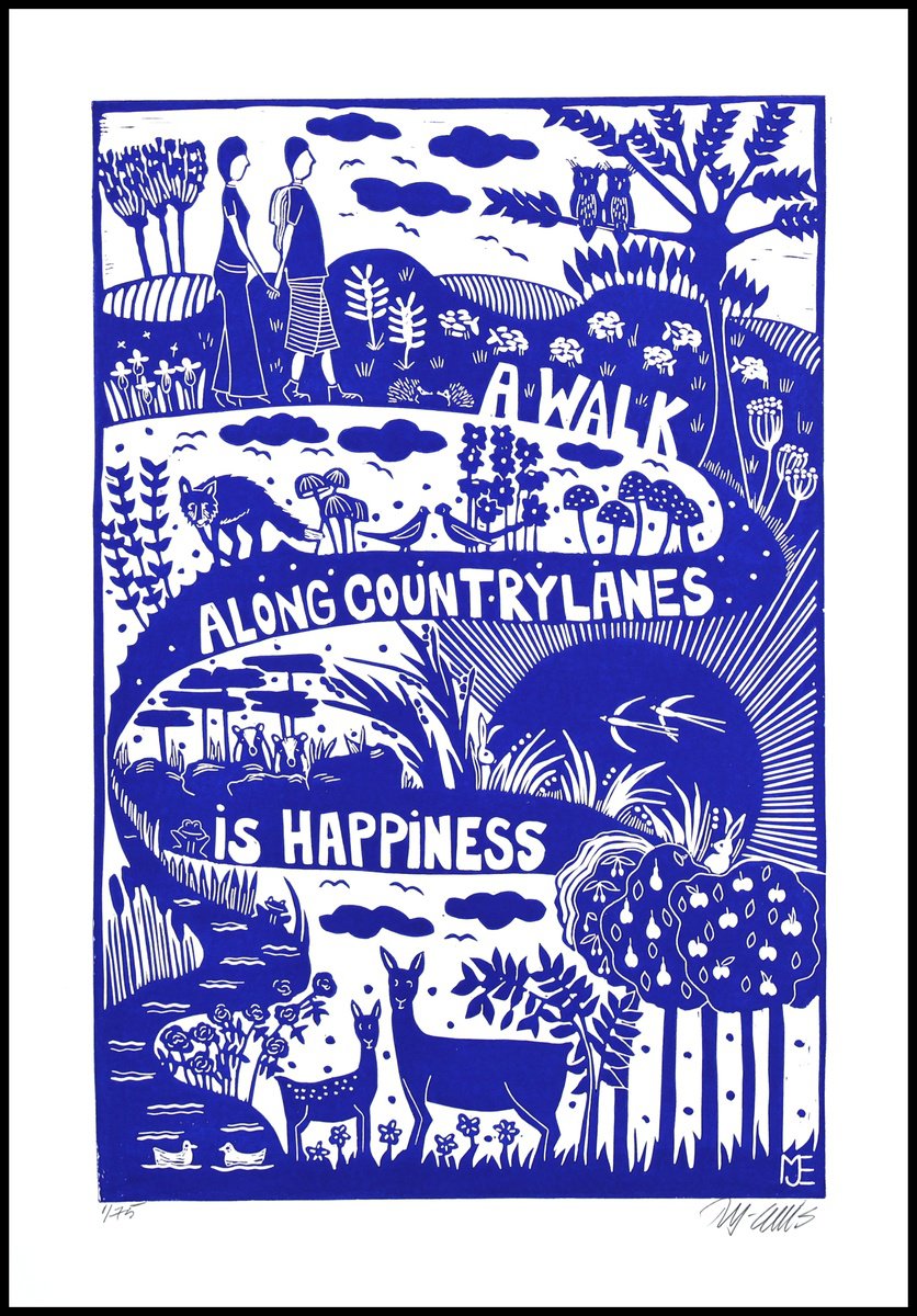 Illustrative Landscape Linocut By Mariann Johansen-Ellis, 20 X 27", A Walk Along Country Lanes, Original Artwork