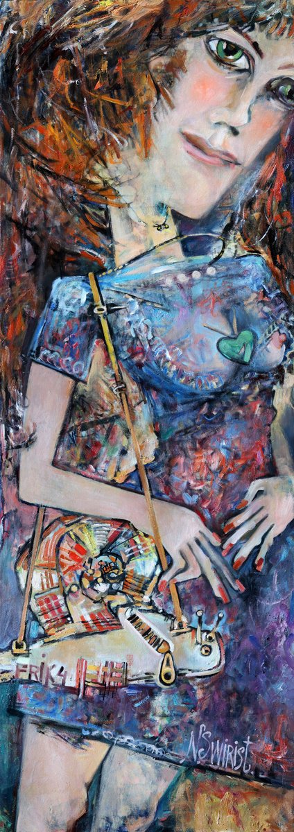 Expressive Portrait Oil Painting By Nikifor Swiristuhin, 20 X 55", My Little Handbag., Original Artwork