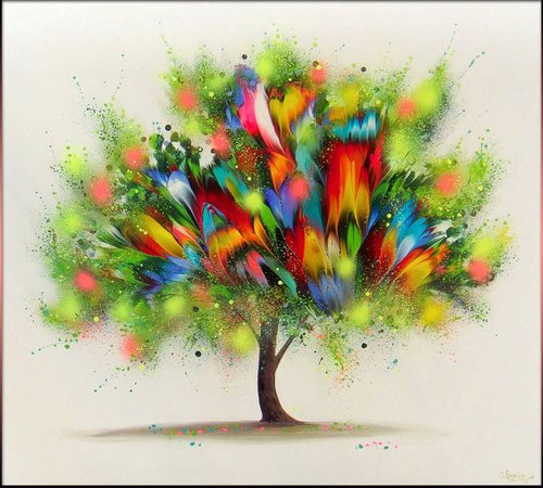 Flowering Tree 35.5” Large Abstract Painting (90 x 100 cm) by Irini Karpikioti