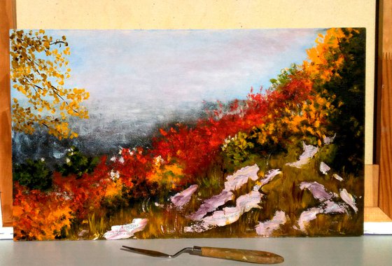 Vermont Painting Landscape Original Art Mountains Oil Impasto Artwork Fall Foliage Home Wall Art 20 by 12" by Halyna Kirichenko