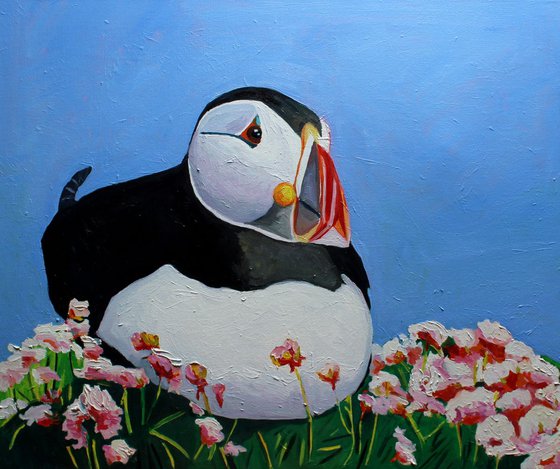 Puffin In Pink Flowers