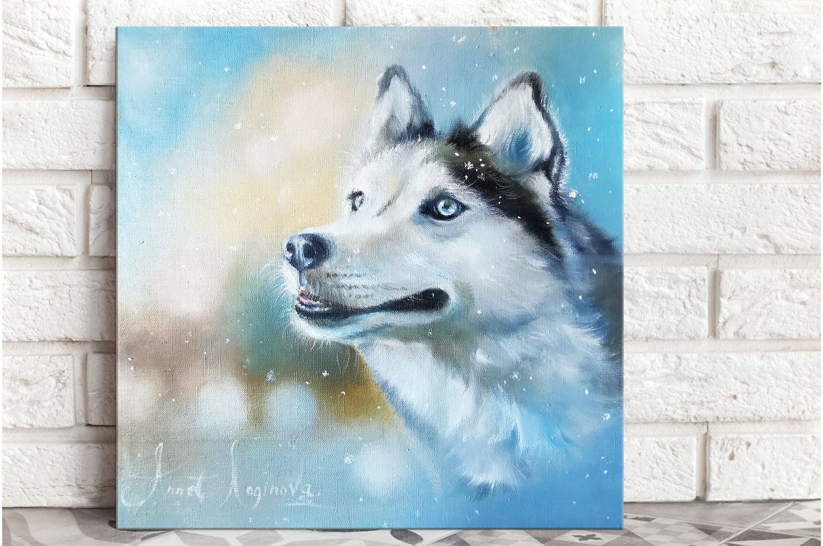Husky oil painting, Husky wall art, Cat wall art, Dog lover gift by Annet Loginova
