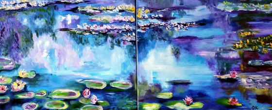 Water Lilies  184 x 76 x 2 cm inspired by Claude Monet  water reflections, diptych turquoise  purple, turquoise, blue sky