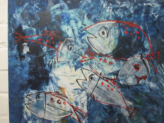 blue Fishes expressive xl painting