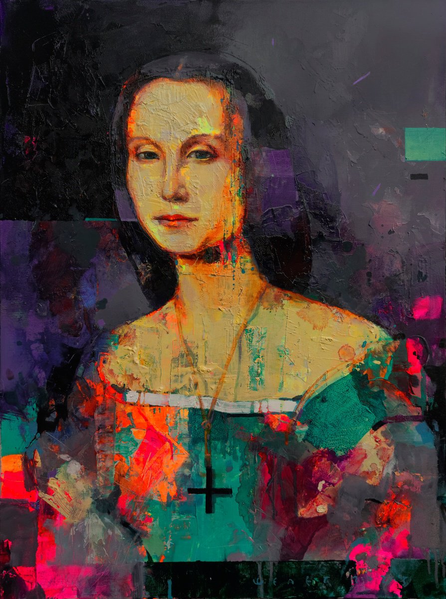 Urban And Pop Portrait Oil Painting By Victor Sheleg, 24 X 31", Renaissance Portrait 3, Original Artwork