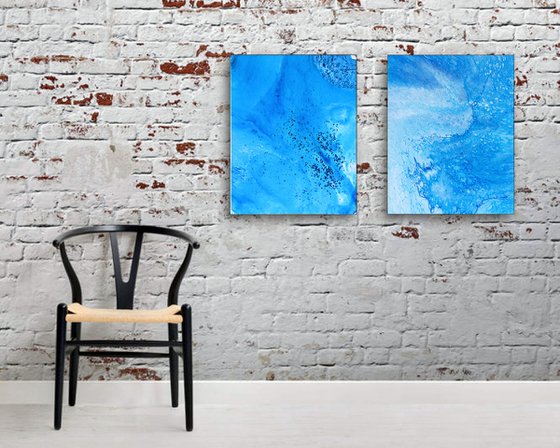 "My Blue Heaven" - FREE USA SHIPPING - Original PMS Abstract Diptych Fluid Acrylic Paintings On Canvas - 32" x 20"