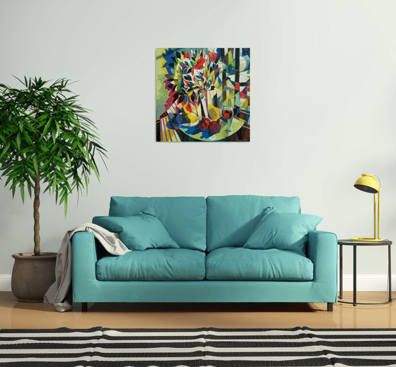 Still life with wine and pomegranates (80x80cm, cubism, oil painting, ready to hang)