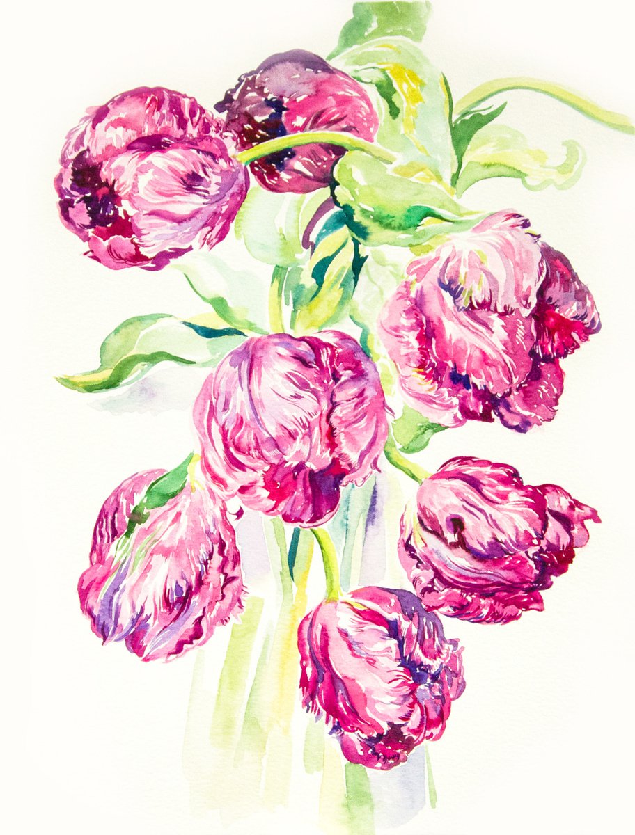 Photorealistic Botanical Watercolour By Daria Galinski, 9 X 13, Purple Tulips, Original Artwork