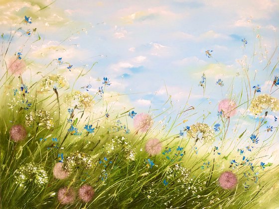 AERIAL WILDFLOWERS - Dandelions. Wildflowers. Wind. Field. A picture of joy. Pink flowers. Meadow. Land. Blue sky. The clouds. Summer.