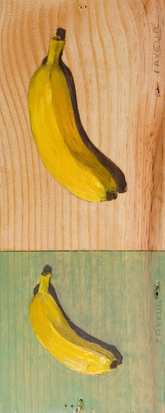 diptych of banana on a wood board for food lovers