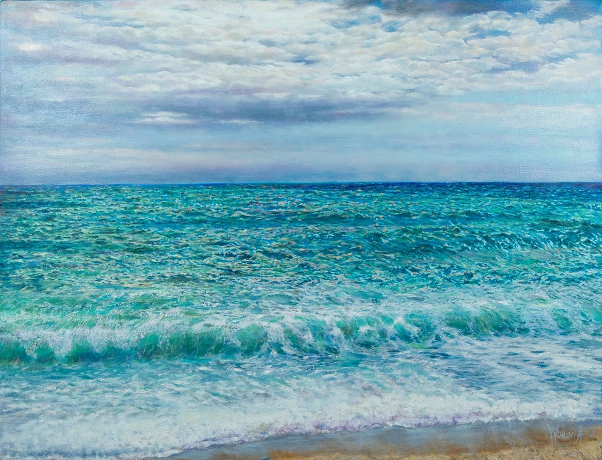 Impressionistic Landscape Oil Painting By Anastasia Woron, 26 X 20, The Sparkling Sea., Original Artwork