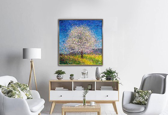 Cherry blossom tree painting Original painting on canvas White bloom tree art
